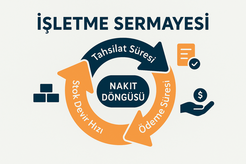 İş yönetim simülasyonu ile ticari farkındalık — işletme sermayesi ve nakit akışı ilişkisini gösteren infografik.