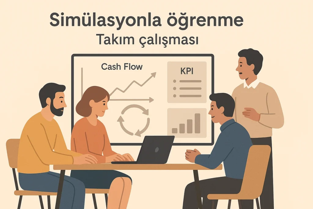 Simülasyonlu finans eğitiminde ekip, nakit akışı ve KPI göstergeleriyle karar etkisini değerlendiriyor.